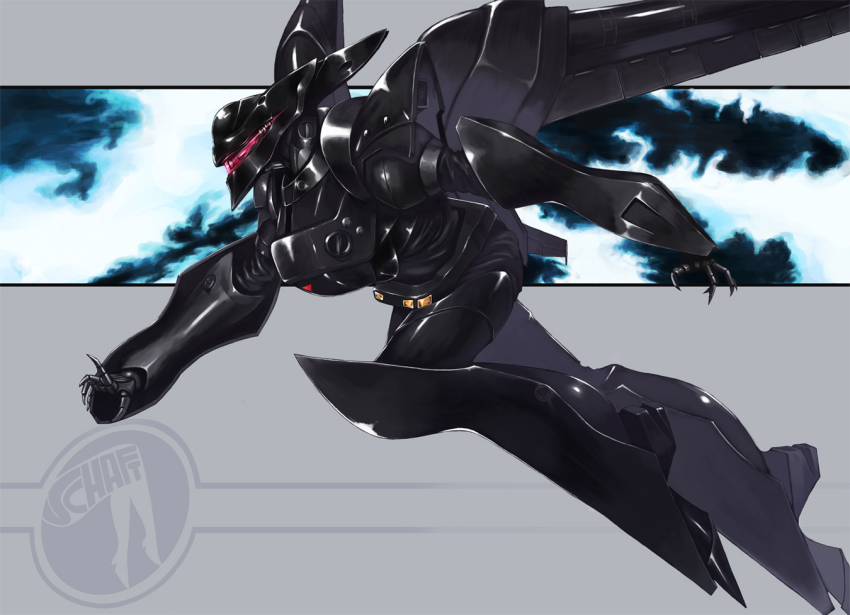 company_name grey_background kajichan kidou_keisatsu_patlabor logo mecha no_humans profile robot science_fiction solo type_j-9_griffon