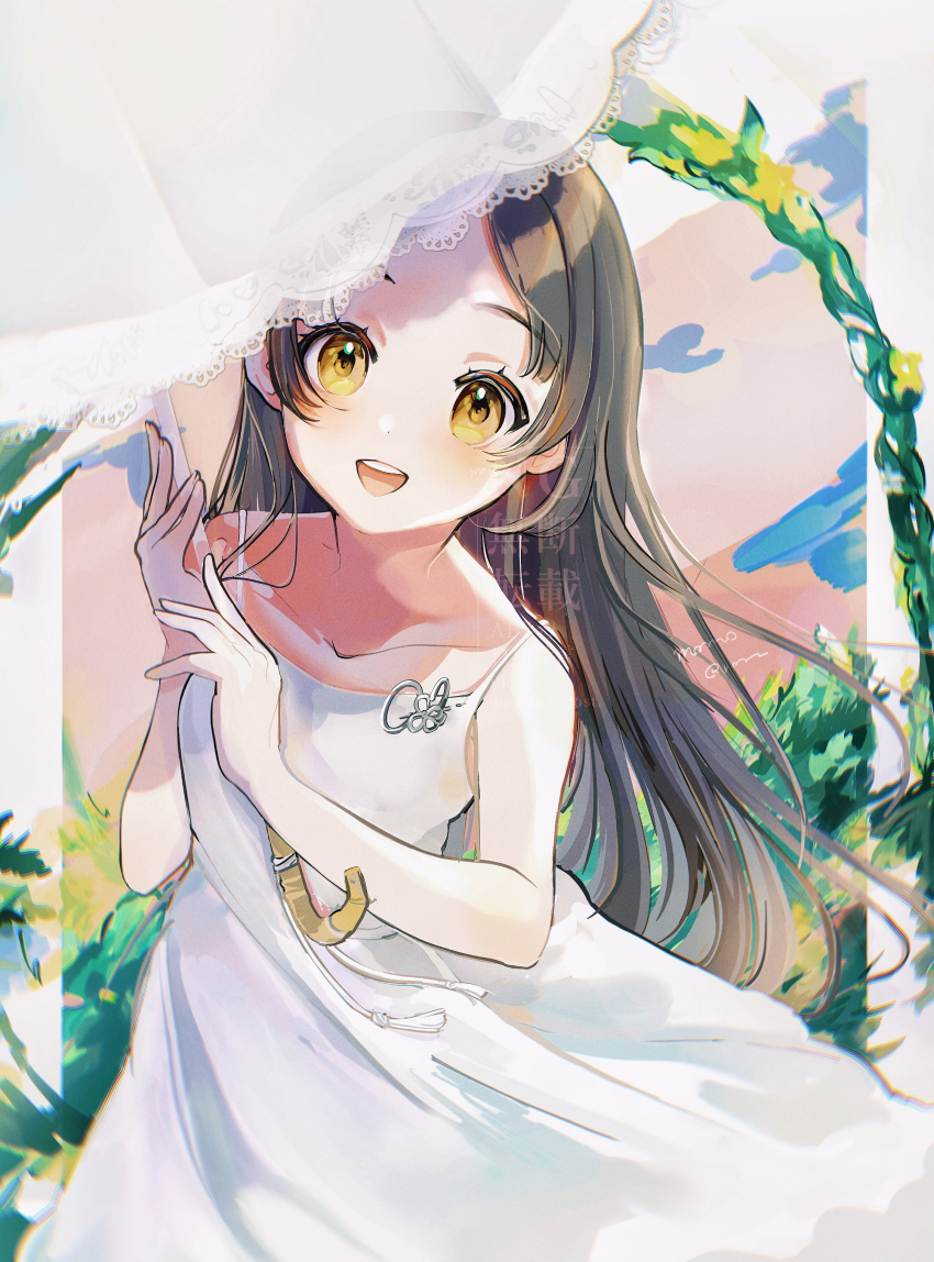 1girl absurdres blush brown_hair collarbone comiket_105 commentary_request dress gakuen_idolmaster highres holding holding_umbrella idolmaster kuramoto_china lace-trimmed_umbrella momoqross sleeveless sleeveless_dress smile solo teeth umbrella upper_teeth_only white_dress white_umbrella yellow_eyes