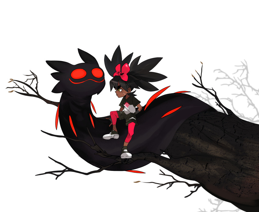 :3 black_hair bow branch dark-skinned_female dark_skin fingerless_gloves gloves hair_bow highres i&#039;m_not_a_magical_girl jam_packet juju_(inamg) leggings lulu_(inamg) marnie_(marnielovesyou) original scar scar_on_face shirt shoes shorts siblings sisters sitting smile sneakers t-shirt thick_eyebrows twintails very_dark_skin yellow_eyes