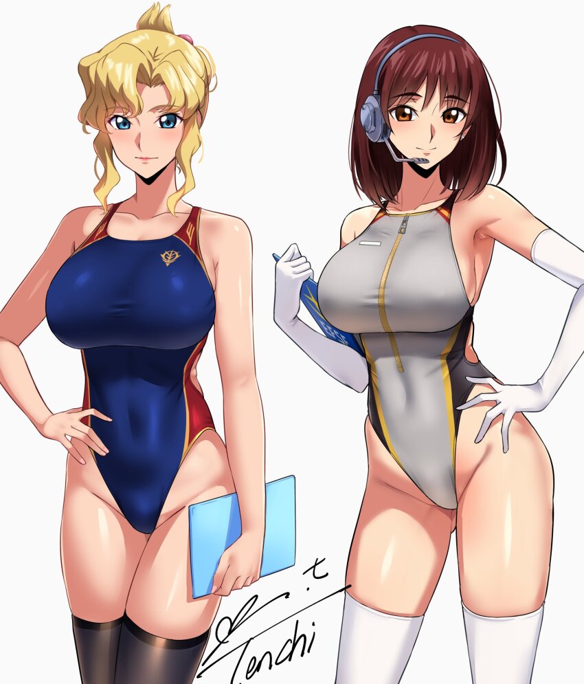 2girls armpits artist_name bare_arms bare_shoulders black_one-piece_swimsuit black_thighhighs blue_eyes blue_one-piece_swimsuit blush bob_cut breasts brown_eyes brown_hair clipboard closed_mouth collarbone commentary_request commission competition_swimsuit covered_navel cowboy_shot earrings gloves grey_headphones grey_one-piece_swimsuit groin gundam gundam_lost_war_chronicles hair_between_eyes hand_on_own_hip hand_up headphones headset highleg highleg_one-piece_swimsuit highres holding holding_clipboard impossible_clothes impossible_swimsuit jane_conty jewelry large_breasts light_blush light_smile lips looking_at_viewer loose_hair_strand medium_hair microphone multiple_girls noel_anderson one-piece_swimsuit parted_bangs pixiv_commission red_trim short_hair sideboob sidelocks signature simple_background skindentation smile standing stud_earrings swimsuit thick_eyebrows thighhighs wavy_hair white_background white_gloves white_thighhighs yellow_trim yoo_tenchi zipper zipper_pull_tab
