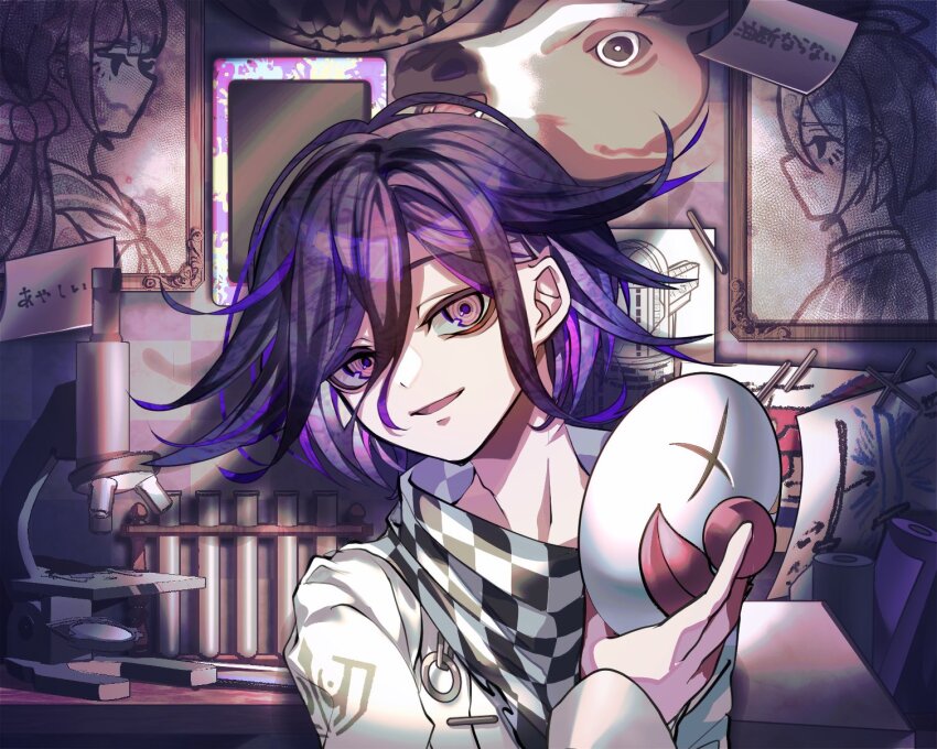 1girl 2boys ahoge checkered_clothes checkered_scarf clown_mask commentary_request danganronpa_(series) danganronpa_v3:_killing_harmony dark_background desk eyelashes flipped_hair hair_between_eyes harukawa_maki highres holding holding_mask horse_mask indoors long_sleeves looking_at_viewer low_twintails male_focus mask multiple_boys neck nota_sayaka notes oma_kokichi open_mouth portrait poster_(object) profile purple_eyes purple_hair ringed_eyes saihara_shuichi scarf short_hair smile solo_focus sticky_note twintails two-tone_scarf upper_body