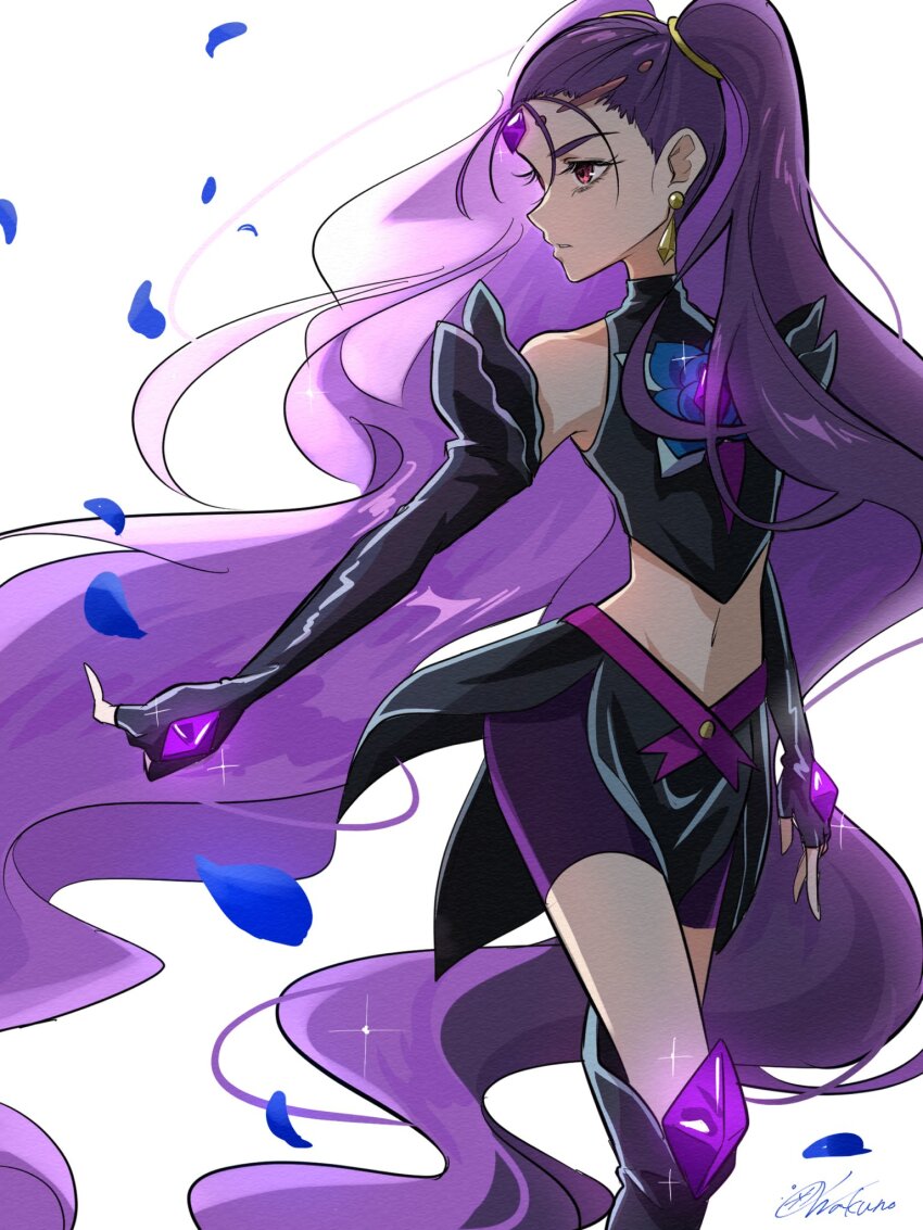 1girl alternate_costume alternate_universe bike_shorts black_gloves blue_flower blue_rose boots dark_cure_(yes!_precure_5) earrings expressionless eyelashes fingerless_gloves flower gloves hair_ornament highres jewelry knee_boots kneehighs long_hair looking_to_the_side magical_girl midriff milky_rose mimino_kurumi navel precure purple_bike_shorts purple_hair purple_shorts red_eyes rose shorts simple_background socks solo standing twintails very_long_hair wakuno_lemon white_background yes!_precure_5 yes!_precure_5_gogo!