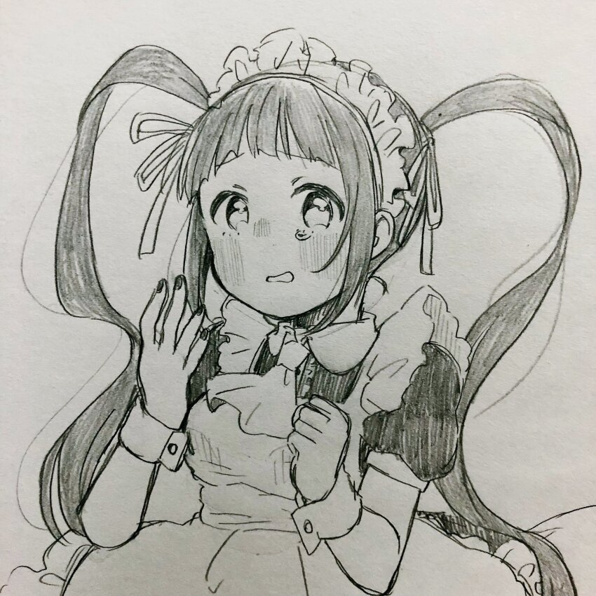 1girl apron arched_bangs blush breasts clenched_hand dot_nose dress frilled_apron frills graphite_(medium) greyscale hair_ribbon hand_up highres htnmanpp idolmaster idolmaster_million_live! idolmaster_million_live!_theater_days long_hair looking_at_viewer maid_apron maid_headdress matsuda_arisa medium_breasts monochrome nail_polish open_hand open_mouth puffy_short_sleeves puffy_sleeves ribbon short_sleeves sidelocks solo tearing_up traditional_media twintails upper_body very_long_hair wavy_hair wavy_mouth wrist_cuffs