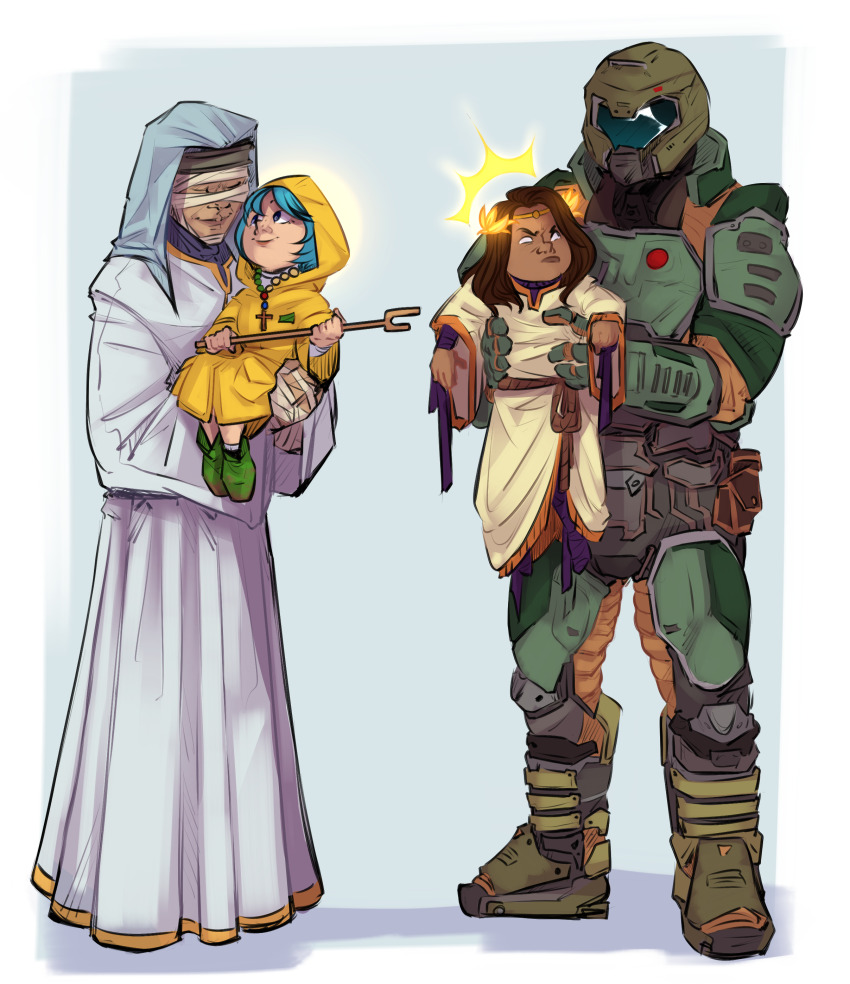 1girl 3boys absurdres armor bandage_over_one_eye blue_background blue_eyes blue_hair boots brown_hair cane carrying carrying_person child_carry circlet closed_mouth commentary cross cross_necklace crossover dark-skinned_male dark_skin doom_(2016) doom_(series) doomguy emperor_of_mankind eye_contact full_body glowing green_footwear grey_veil halo highres holding holding_cane jewelry jubilee_2025 king_baldwin_iv kingdom_of_heaven legs_apart lifting_person long_sleeves looking_at_another luce_(jubilee_2025) medium_hair mud multiple_boys narklos necklace power_armor praetor_suit raincoat raised_eyebrows rosary rubber_boots second-party_source shadow simple_background smile standing toddler two-handed variant_set veil warhammer_40k wide_sleeves yellow_halo yellow_raincoat