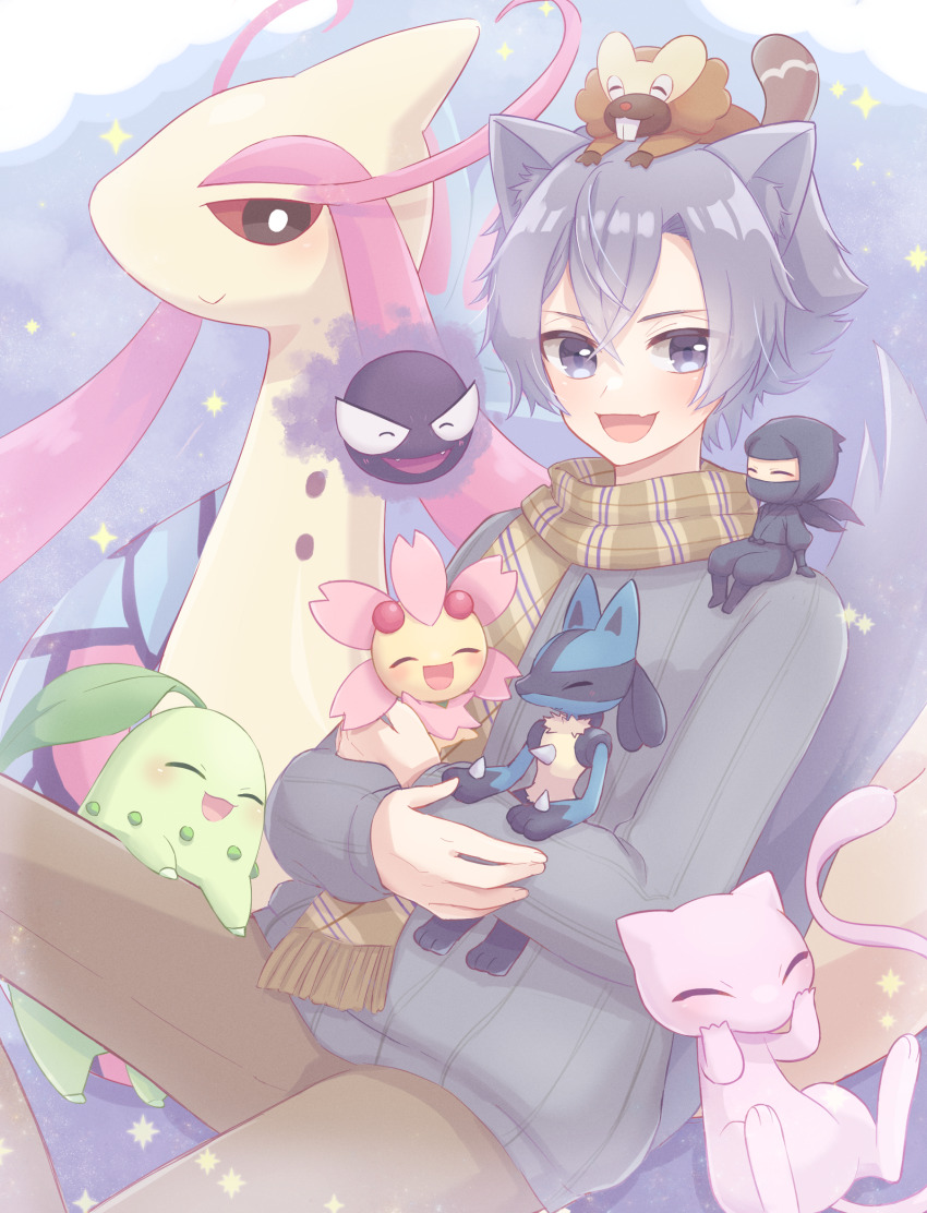 025sakura393 2boys :d animal_ears bidoof brown_pants brown_scarf cherrim cherrim_(sunshine) chikorita commentary_request gastly gen_1_pokemon gen_2_pokemon gen_3_pokemon gen_4_pokemon grey_eyes grey_hair grey_jacket highres jacket legendary_pokemon long_sleeves looking_at_viewer lucario male_focus mew_(pokemon) milotic mini_person miniboy multiple_boys mythical_pokemon nintendo on_head open_mouth original pants pokemon pokemon_(creature) pokemon_on_head scarf short_hair smile