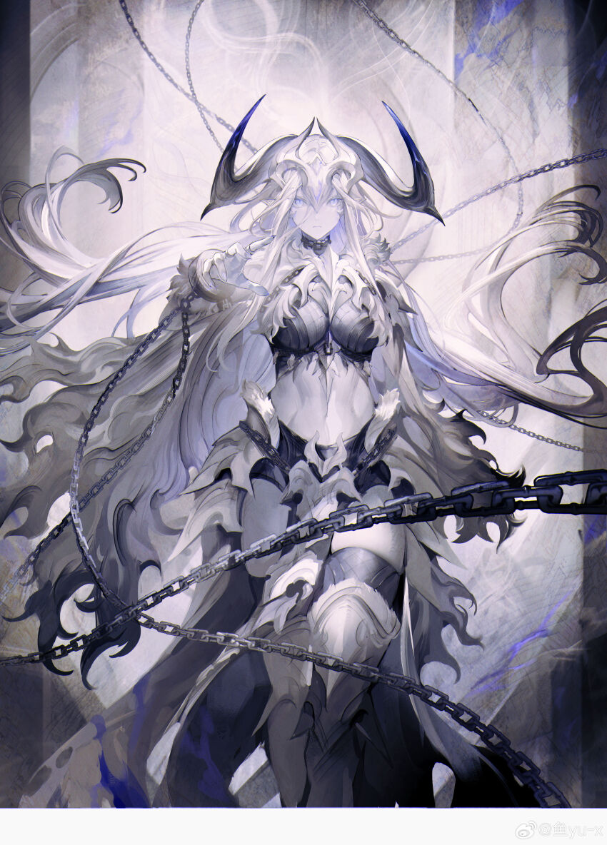 1girl absurdres arkveld armor bikini_armor chain chinese_commentary closed_mouth commentary_request cuffs expressionless fingernails gradient_horns hand_up highres horns jewelry leg_armor long_hair looking_at_viewer monster_hunter_(series) monster_hunter_wilds multicolored_horns personification pointy_ears ring shackles sharp_fingernails solo very_long_hair watermark weibo_watermark yu-x