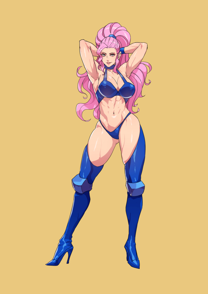 1girl abs absurdres armpits arms_behind_head arms_up blue_footwear blue_legwear capcom captain_commando carol_(captain_commando) cirenk commission contrapposto female_focus green_eyes high_heels highres long_hair navel painting_(medium) parted_lips pink_hair ponytail simple_background smile solo standing stomach traditional_media watercolor_(medium) yellow_background
