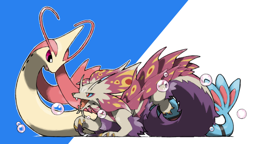 animal_focus blacknirrow blue_background blue_sclera bubble colored_sclera creatures_(company) crossover fangs game_freak gen_3_pokemon highres milotic mizutsune monster monster_hunter_(series) nintendo no_humans open_mouth outline pink_eyes pokemon pokemon_(creature) red_eyes simple_background smile two-tone_background white_background white_outline