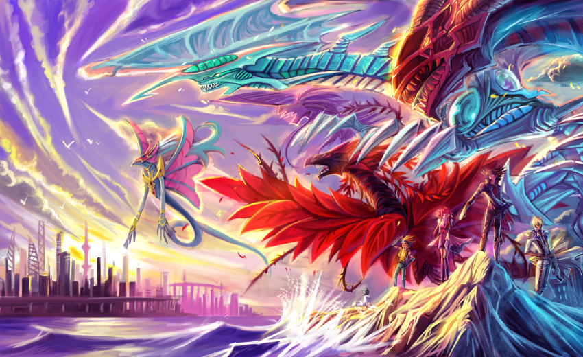 1girl 3boys ancient_fairy_dragon black-winged_dragon black_rose_dragon city crow_hogan dragon duel_monster fudo_yusei izayoi_aki jack_atlas jimaoxiaodi life_stream_dragon luca_(yu-gi-oh!) multiple_boys red_dragon_archfiend stardust_dragon water yu-gi-oh! yu-gi-oh!_5d&#039;s