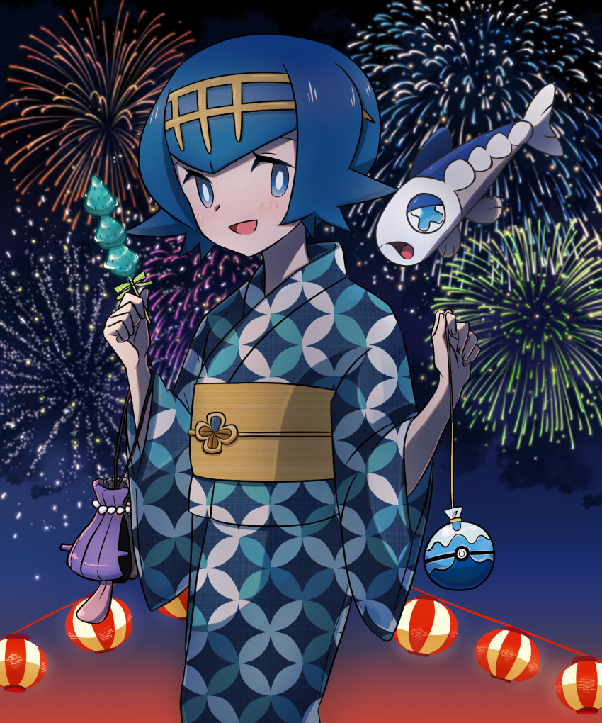 1girl :d blue_eyes blue_hair blue_kimono blush bright_pupils commentary_request cowboy_shot dive_ball festival fireworks fish food gen_1_pokemon gen_7_pokemon hairband hands_up happy haruki_sparsa highres japanese_clothes kimono lana_(pokemon) lantern looking_at_viewer night night_sky nintendo no_sclera obi open_mouth paper_lantern poke_ball pokemon pokemon_(creature) pokemon_sm sash shellder short_hair skewer sky smile themed_object three-quarter_sleeves white_pupils wide_sleeves wishiwashi wishiwashi_(solo) yellow_hairband yukata
