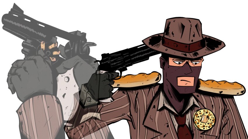 1boy baguette balaclava black_eyes black_gloves bread butter buttoned_cuffs buttons collared_shirt commentary english_muffin fedora food food_on_clothes frown fujimna gloves gun gun_to_head handgun hashtag-only_commentary hat hat_ribbon highres holding holding_gun holding_weapon jacket long_sleeves looking_down male_focus meme necktie pasta_la_vista_(meme) pinstripe_jacket pinstripe_pattern red_hat red_jacket red_necktie red_ribbon red_spy_(tf2) revolver ribbon shirt simple_background spy_(tf2) suit_jacket team_fortress_2 upper_body weapon white_background white_shirt