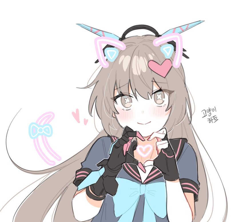 1girl black_gloves black_sailor_collar blue_bow blue_bowtie blue_shirt bow bowtie closed_mouth fingerless_gloves gloves grey_eyes grey_hair heart heart_hands heart_in_heart_hands highres long_hair mechanical_hands myam_(123ab456c) nanami:_pulse_(pgr) nanami_(pgr) official_alternate_costume punishing:_gray_raven sailor_collar school_uniform serafuku shirt short_sleeves sidelocks single_mechanical_hand symbol-shaped_pupils x-shaped_pupils