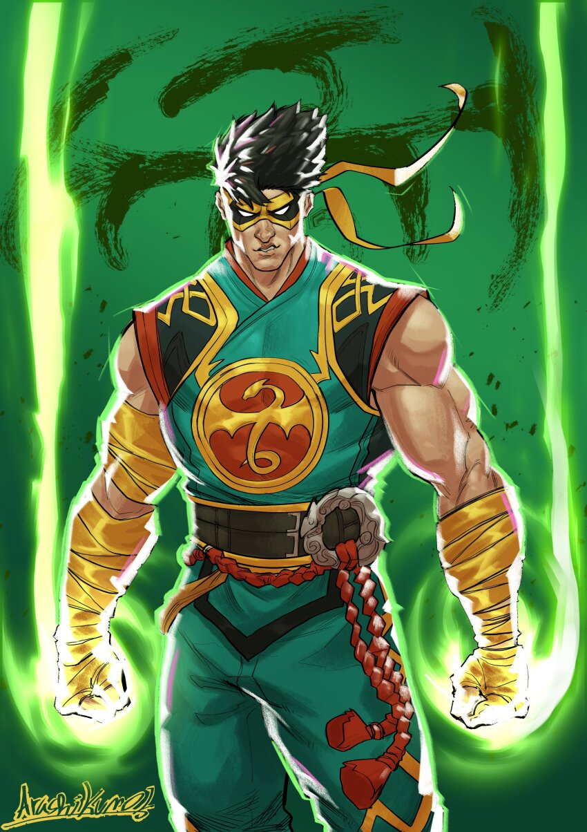 1boy absurdres arashikumo1 arm_wrap bare_shoulders belt belt_buckle black_hair brown_belt buckle clenched_hands commentary emblem energy english_commentary green_pants highres iron_fist_(marvel) looking_at_viewer male_focus marvel marvel_rivals multicolored_clothes multiple_belts muscular muscular_male no_pupils o-ring o-ring_belt pants parted_lips red_rope rope rope_belt short_hair signature sleeveless sneer solo standing white_eyes yellow_mask