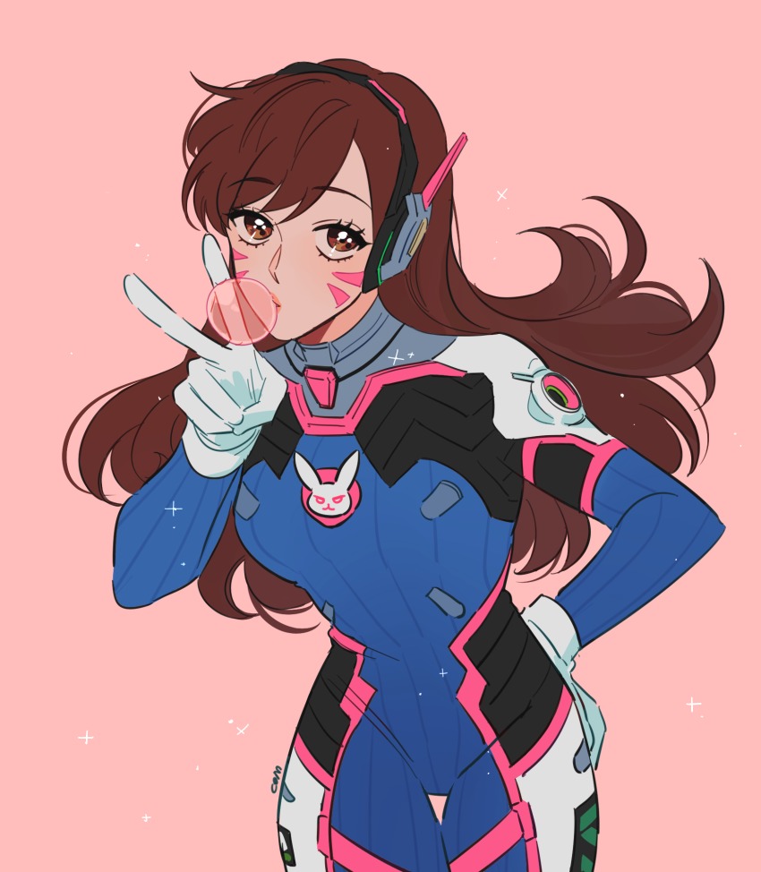 1girl animal_print artist_name blowing_bubble_gum blowing_bubbles bodysuit brown_eyes brown_hair chewing_gum com_(com0107) cowboy_shot d.va_(overwatch) facepaint facial_mark female_focus gloves hand_on_own_hip headset highres long_hair looking_at_viewer matching_hair/eyes mecha_pilot_suit overwatch overwatch_1 pink_background rabbit_print ribbed_bodysuit simple_background solo sparkle upper_body v whisker_markings white_gloves
