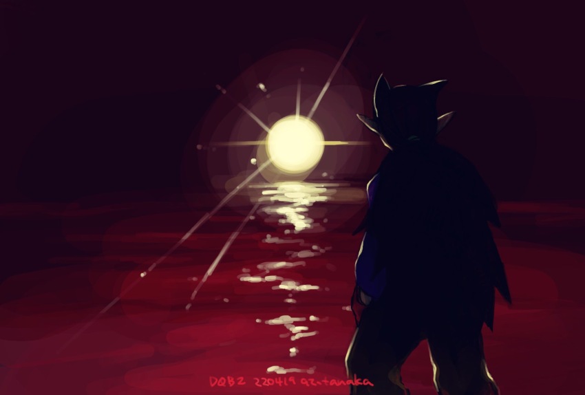 1boy ambiguous_red_liquid black_hair brown_pants commentary_request dated dragon_quest dragon_quest_builders_2 facing_away feet_out_of_frame from_behind gloves glowing hair_horns highres hotaru1012 low_ponytail male_focus pants pointy_ears ponytail purple_shirt red_gloves scene_reference shirt sidoh_(dqb2) solo spiked_hair