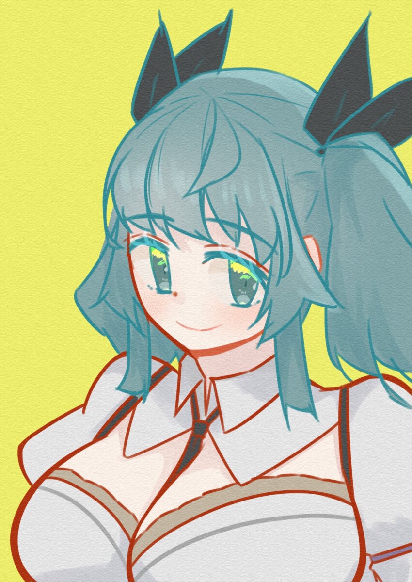 1girl aqua_eyes aqua_hair arms_at_sides assault_lily between_breasts black_necktie black_ribbon blush breasts cleavage closed_mouth collared_shirt commentary_request hair_ribbon highres large_breasts looking_at_viewer medium_hair meme_(lm0009aetklim) necktie necktie_between_breasts odaiba_girls_high_school_uniform puffy_sleeves ribbon school_uniform shirt sidelocks simple_background smile solo suzuki_chinami twintails upper_body white_shirt yellow_background