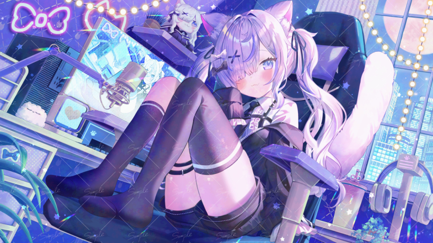 1girl :3 animal_ear_fluff animal_ears asymmetrical_legwear black_jacket black_necktie black_ribbon black_shorts blue_eyes blush building center_frills chair closed_mouth collared_shirt commentary_request computer_keyboard copyright_request frilled_sleeves frills full_moon grey_hair grey_socks grey_thighhighs hair_ornament hair_over_one_eye hair_ribbon headphones headphones_removed ikari_(aor3507) indoors jacket knees_up long_hair long_sleeves looking_at_viewer microphone monitor moon necktie night night_sky no_shoes off_shoulder office_chair official_art on_chair ribbon shirt shorts sitting sky sleeves_past_fingers sleeves_past_wrists socks solo swivel_chair tail thighhighs twintails very_long_hair virtual_youtuber white_shirt window x_hair_ornament
