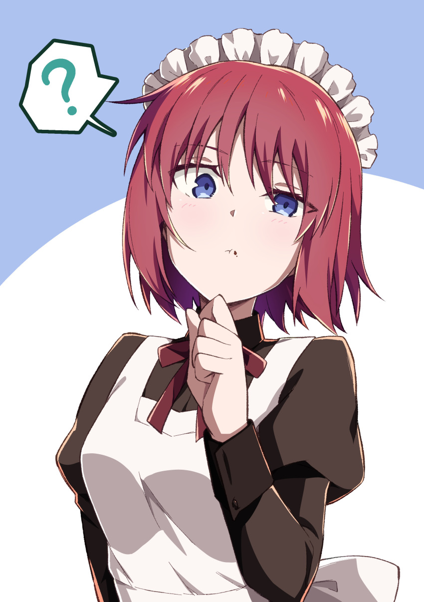 1girl ? absurdres apron azami_masurao blue_eyes brown_dress closed_mouth commentary_request dress food food_in_mouth food_on_face hand_on_own_chin head_tilt highres hisui_(tsukihime) juliet_sleeves long_sleeves maid maid_apron maid_headdress neck_ribbon puffy_sleeves red_hair red_ribbon ribbon short_hair solo tsukihime white_apron