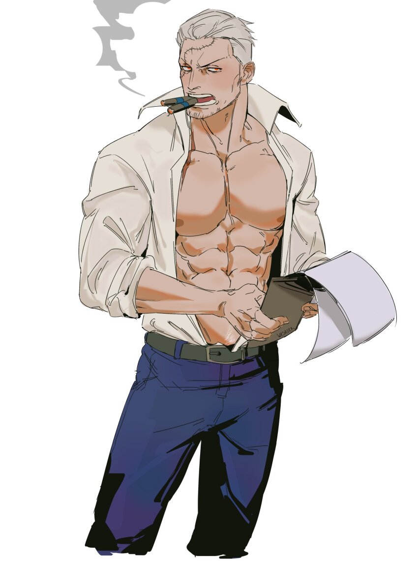 1boy abs beard_stubble belt blue_pants cigar collared_shirt commentary cowboy_shot facial_hair highres holding holding_paper looking_to_the_side male_focus one_piece open_clothes open_shirt pants paper shirt simple_background smoke smoker_(one_piece) solo stitched_face stitches stubble undercut wesaier white_background white_hair