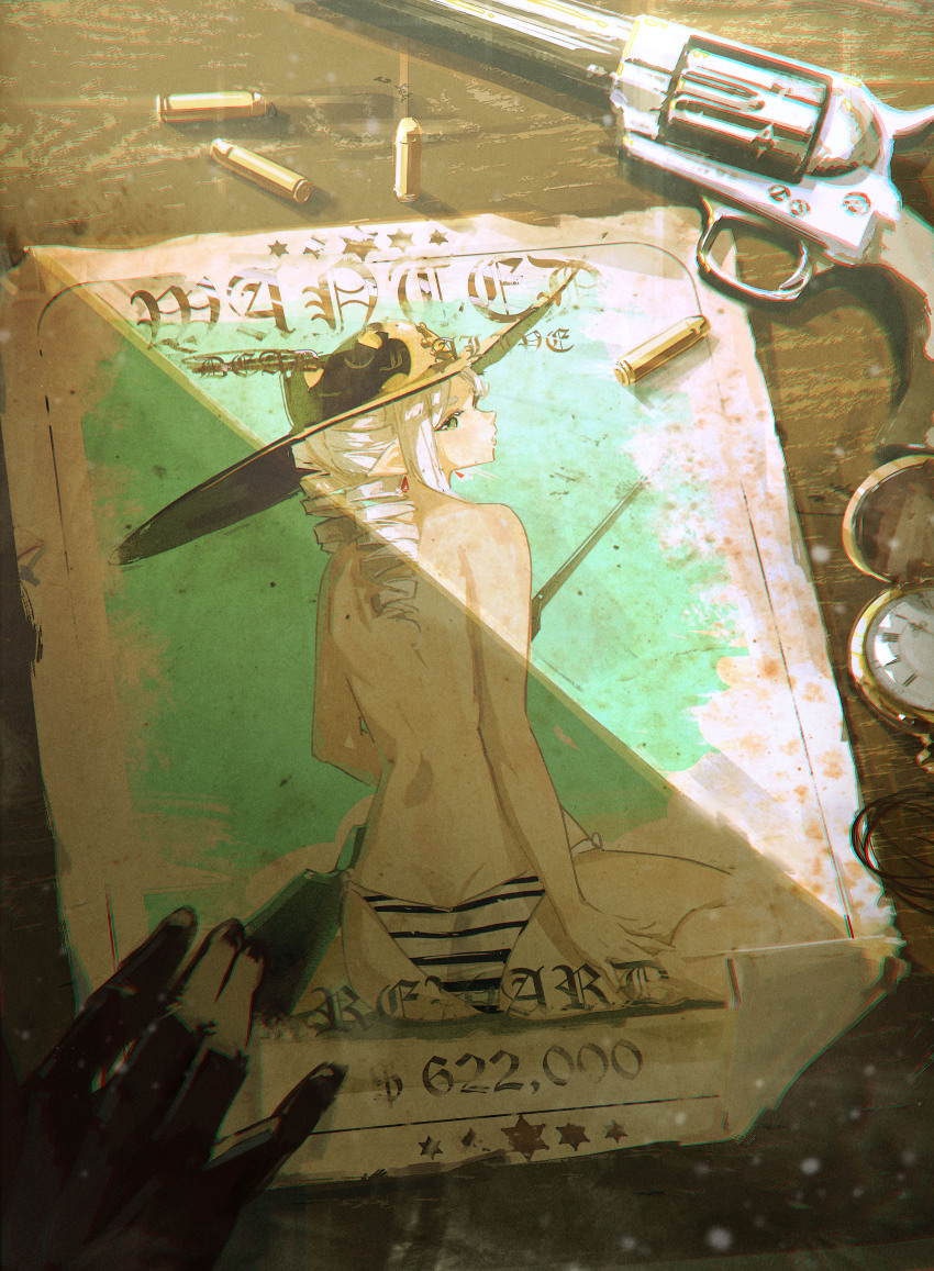 absurdres bad_tag border bullet chromatic_aberration colt_single_action_army commentary drill_hair dudrinm earrings elf english_commentary film_grain frieren from_behind gloves green_eyes gun handgun hat highres holding holding_gun holding_weapon jewelry light_particles long_hair pocket_watch pointy_ears revolver single_hand sousou_no_frieren table wanted_poster watch weapon white_hair