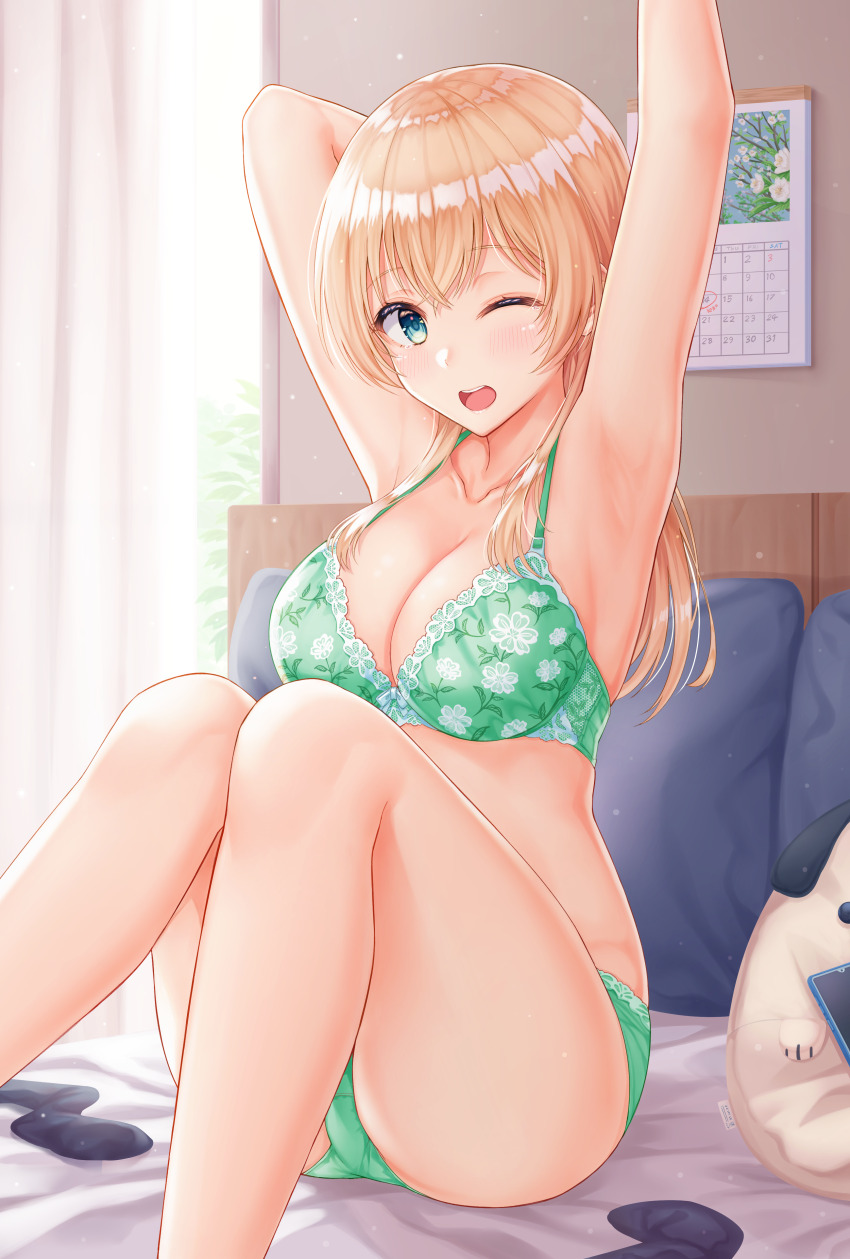 1girl absurdres arm_behind_head armpits arms_up bed bed_sheet bedroom blonde_hair blue_eyes bra breasts calendar_(object) curtains floral_print green_bra green_panties hair_over_shoulder headboard highres indoors knees_up large_breasts long_hair on_bed one_eye_closed open_mouth original panties phone pillow sitting socks solo teeth uki_(kiw_kiu) underwear underwear_only unworn_socks upper_teeth_only