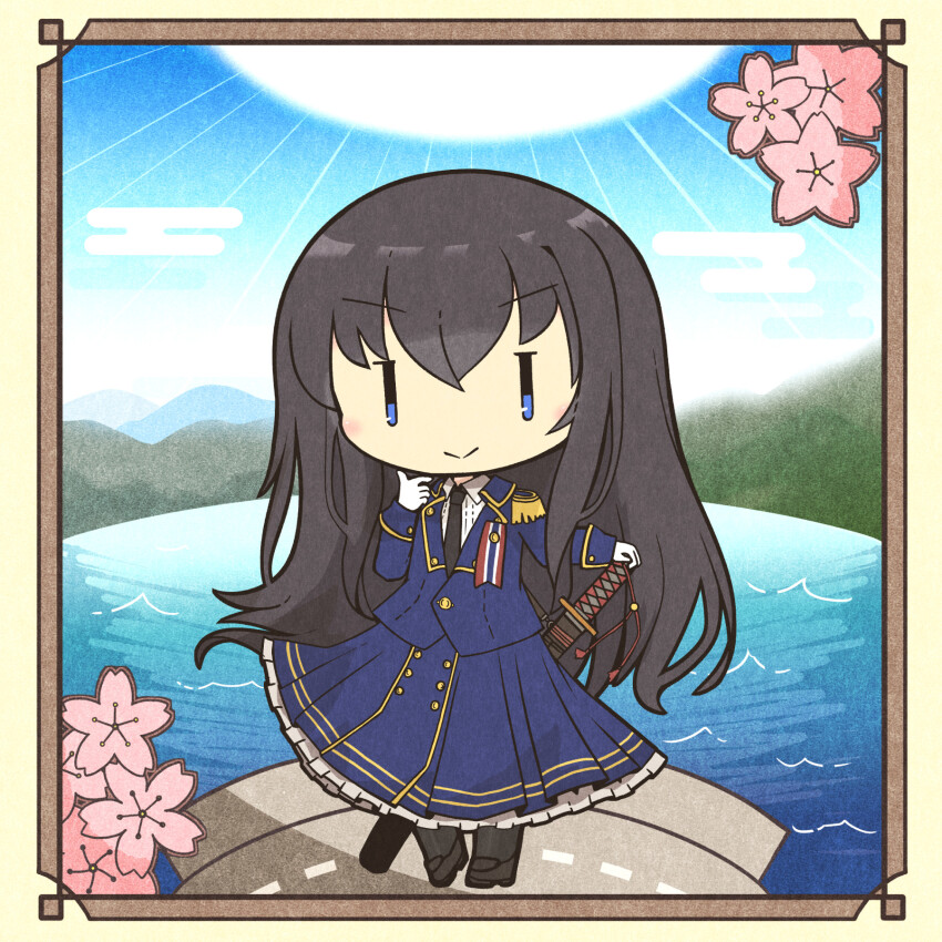 1girl :&lt; akihiyo black_footwear black_hair black_necktie black_socks blue_eyes blue_skirt border buttons cherry_blossoms chibi closed_mouth collared_shirt commission egasumi female_admiral_(kancolle) flower gloves highres kantai_collection light_blush long_hair military military_uniform necktie pink_flower pixiv_commission sakuramon shirt shoulder_pads skirt smile socks solo sun sword water weapon white_gloves white_shirt
