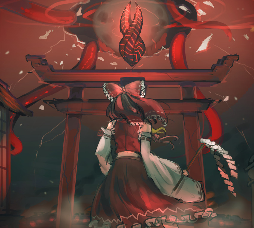 1girl ander_horlo bare_shoulders bow crossover dead_space detached_sleeves from_behind gohei hair_bow hakurei_reimu hakurei_shrine holding holding_gohei looking_up marker_(dead_space) neckerchief red_sky short_hair sky tentacles torii touhou