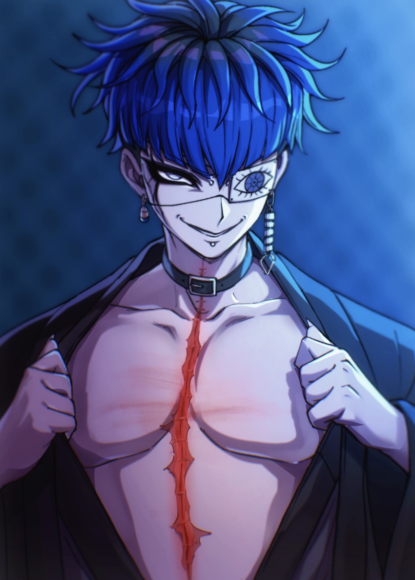 1boy black_hair black_haori blue_background blue_hair chamuchai chin_piercing cracked_skin earrings eye_print eyepatch face_piercing fingernails grey_eyes haori highres japanese_clothes jewelry male_focus multicolored_hair omokage_yugamu opened_by_self piercing print_eyepatch scar sharp_fingernails short_hair simple_background smile solo stitches the_hundred_line_-last_defense_academy- upper_body