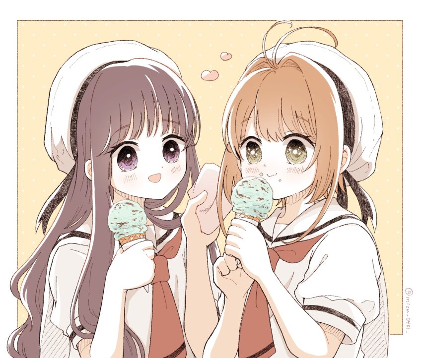 2girls :d antenna_hair blush border brown_hair cardcaptor_sakura closed_mouth commentary daidouji_tomoyo food green_eyes hat heart highres holding holding_food holding_ice_cream holding_tissue ice_cream kinomoto_sakura long_hair mizu_0401 multiple_girls necktie open_mouth outside_border purple_eyes purple_hair red_necktie sailor_collar school_uniform serafuku shirt short_hair short_sleeves simple_background smile symbol-only_commentary upper_body white_border white_hat white_sailor_collar white_shirt yellow_background