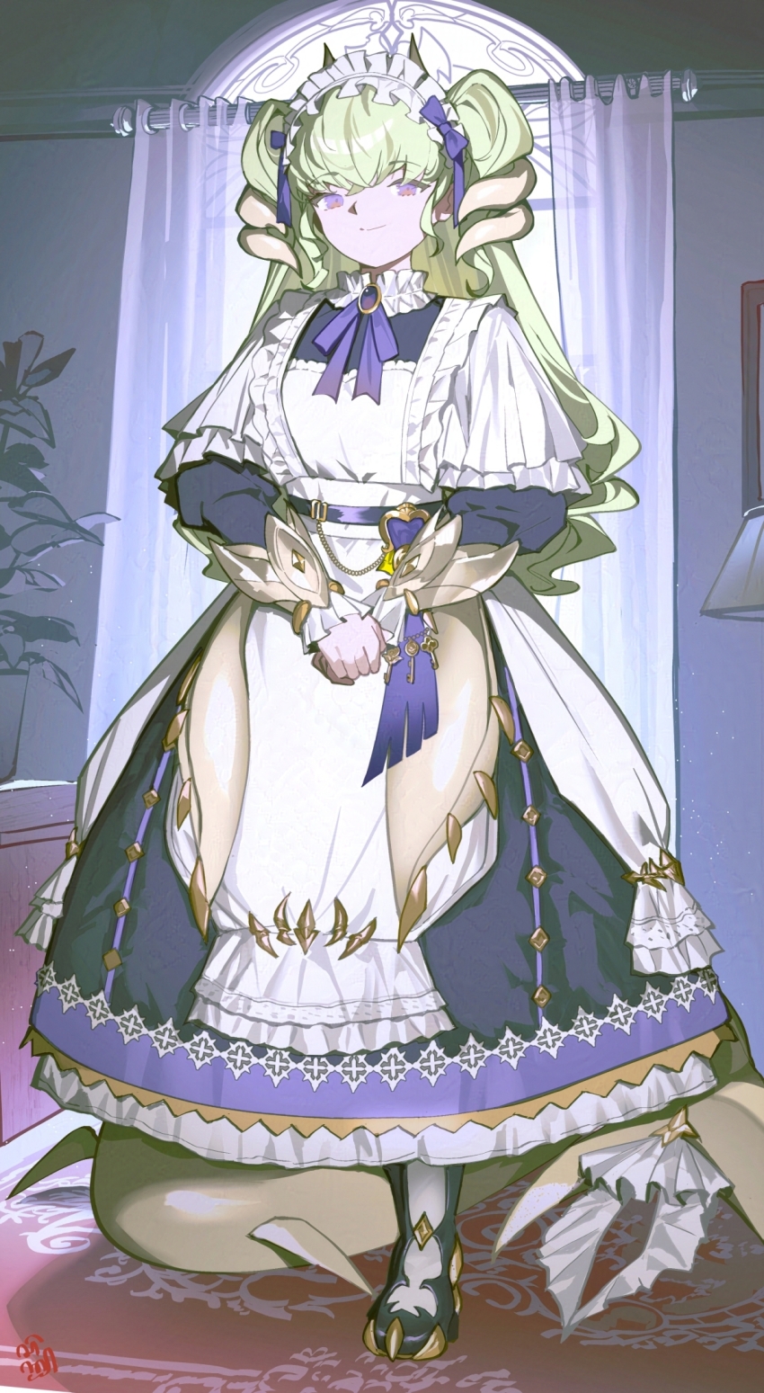 1girl blonde_hair dragon_girl dragon_horns dragon_tail dress duel_monster full_body highres horns indoors lady&#039;s_dragonmaid long_hair maid maid_headdress purple_eyes sen-jou solo standing tail yu-gi-oh!