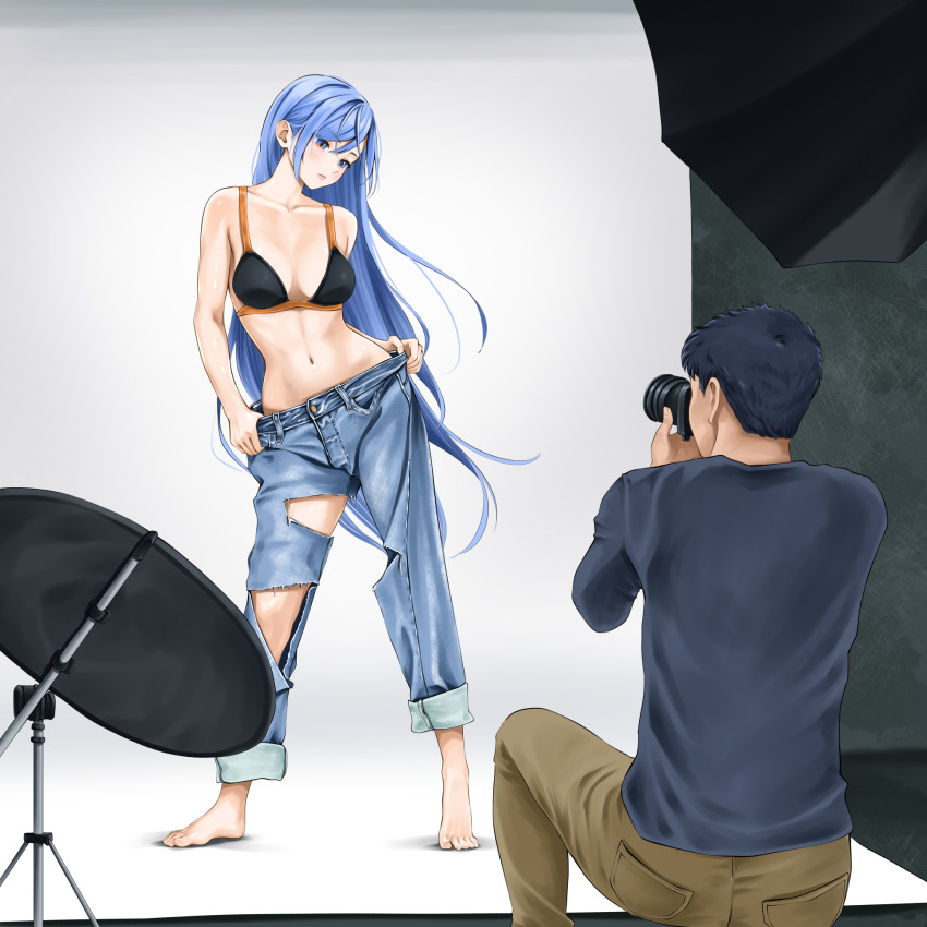 1boy 1girl bae_minah_(chaesu) barefoot black_bra blue_hair blush bra breasts camera chaesu collarbone commentary denim english_commentary eyelashes feet full_body hair_between_eyes heel_up highres holding holding_camera indoors jeans kneeling long_hair medium_breasts navel orange_bra original pants photo_shoot sidelocks toenails toes torn_clothes torn_jeans torn_pants underwear very_long_hair