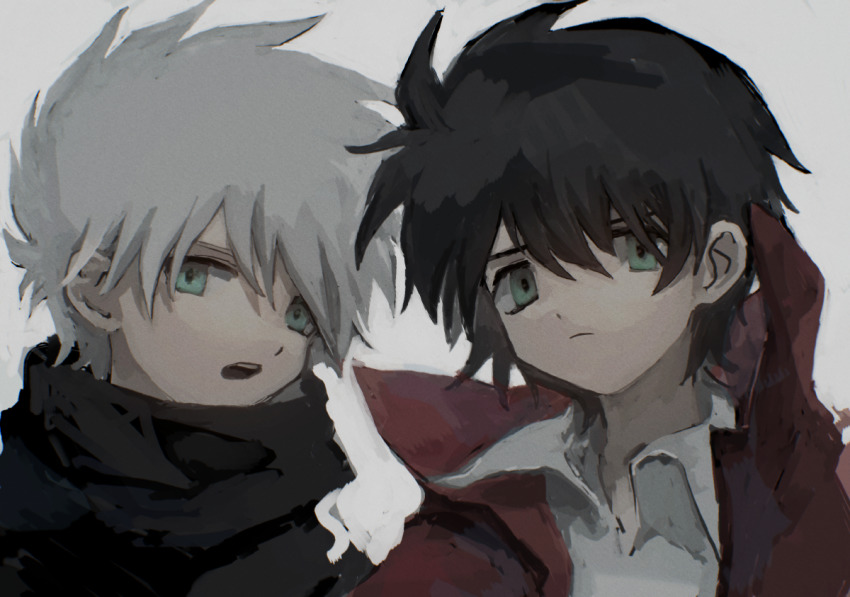 2boys bad_id bad_pixiv_id black_hair black_jacket blue_eyes coat darren_shan green_eyes jacket long_coat male_focus multiple_boys open_mouth red_coat scarf short_hair steve_leonard the_saga_of_darren_shan white_hair