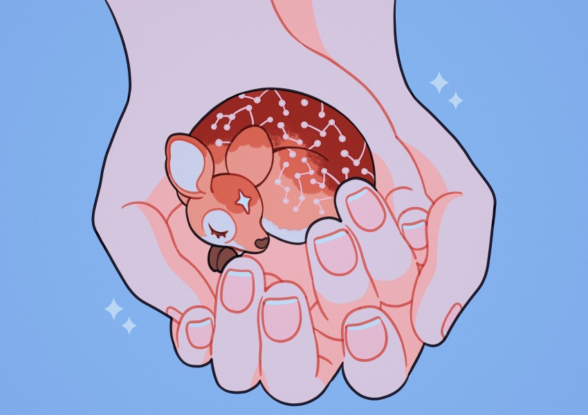 animal animal_focus blue_background brown_fur closed_eyes commentary constellation cupping_hands curled_up deer english_commentary facial_mark fawn forehead_mark highres holding holding_animal meyoco minimized no_humans original own_hands_together pastel_colors simple_background sleeping sleeping_animal sparkle