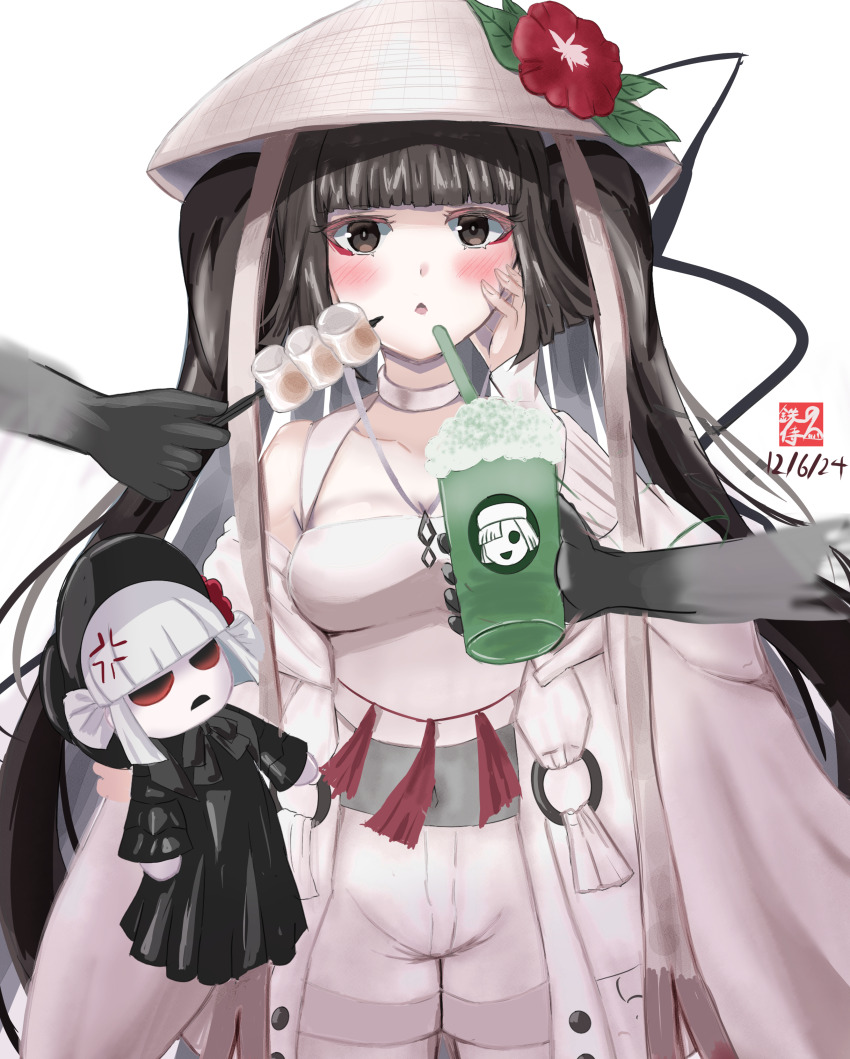 1girl absurdres bare_shoulders black_eyes black_hair blunt_bangs breasts character_doll cup eyeliner fate/grand_order fate_(series) ghost_hands highres komahime_(fate) long_hair looking_at_viewer makeup medium_breasts sen_no_rikyu_(fate) stuffed_toy tetsu_no_samurai very_long_hair