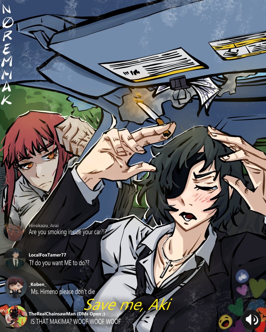 @_@ absurdres arms_up blush broken_window car_interior chainsaw_man cigarette closed_eyes cross cross_necklace denji_(chainsaw_man) donald_trump_please_save_us_(meme) fake_phone_screenshot fake_screenshot green_hair hayakawa_aki higashiyama_kobeni highres himeno_(chainsaw_man) hirokazu_arai_(chainsaw_man) jewelry makima_(chainsaw_man) meme necklace normak red_hair stream tagme