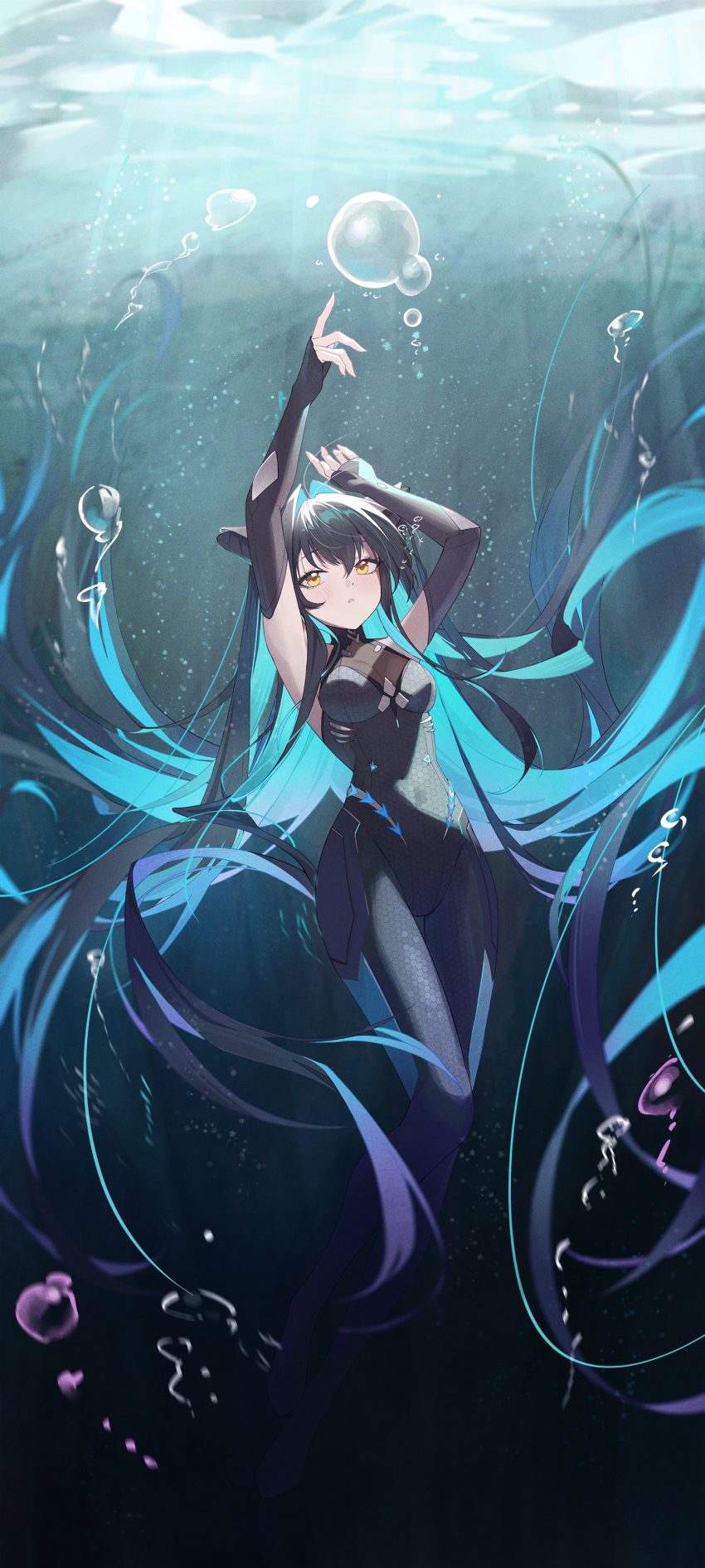 1girl absurdres aqua_hair arms_up black_bodysuit bodysuit breasts bubble cleavage colored_inner_hair covered_navel freediving goddess_of_victory:_nikke hair_intakes highres little_mermaid_(nikke) long_hair multicolored_hair see-through_cleavage see-through_clothes solo sukaliya thighs underwater yellow_eyes