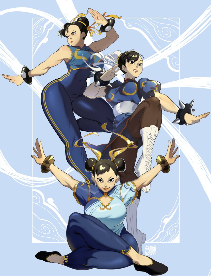 1girl absurdres asian black_shoes boots bracelet breasts bun_cover capcom china_dress chinese_clothes chun-li double_bun dress fighting_stance gold gold_bracelet hair_bun highres jewelry large_breasts lips medium_breasts multiple_persona muscular muscular_female pantyhose pelvic_curtain sash shoes smile snowcie spiked_bracelet spikes spinning_bird_kick street_fighter studded_bracelet thick_thighs thighs unitard white_boots