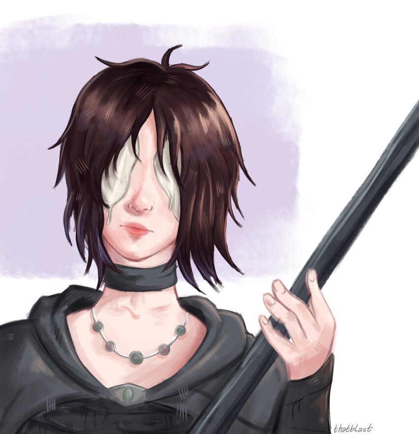 1girl black_hair choker demon&#039;s_souls fromsoftware highres jewelry loveblest maiden_in_black necklace no_eyes portrait short_hair solo staff