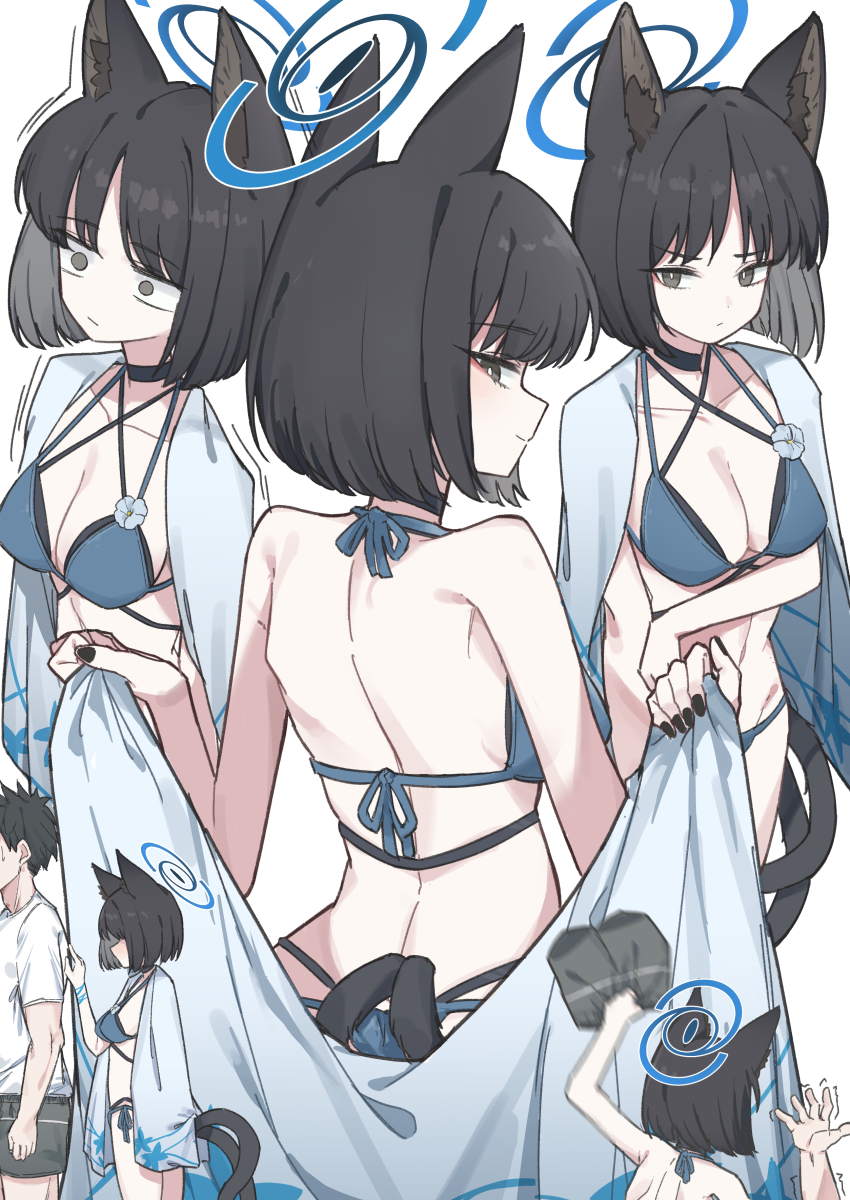 1boy 1girl absurdres animal_ears bikini black_choker black_eyes black_hair black_nails blue_archive blue_bikini cat_ears cat_girl cat_tail choker grey_shorts haori highres japanese_clothes kikyou_(blue_archive) kikyou_(swimsuit)_(blue_archive) looking_at_another looking_at_viewer mibashi_(hash1_bam1) multiple_tails official_alternate_costume shirt short_hair shorts smile swimsuit tail two_tails very_short_hair white_haori white_shirt
