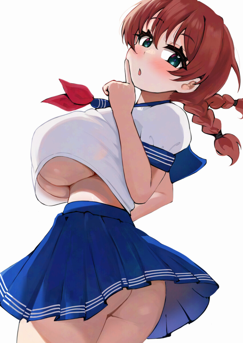 1girl aqua_eyes ass blue_sailor_collar blue_skirt blush braid breasts brown_hair clothes_lift emma_verde freckles hair_ornament heart heart-shaped_pupils highres index_finger_raised large_breasts looking_at_viewer love_live! love_live!_nijigasaki_high_school_idol_club open_mouth pisagi sailor_collar shirt short_sleeves sidelocks simple_background skirt skirt_lift solo standing symbol-shaped_pupils tented_shirt twin_braids twisted_torso underboob white_background white_shirt