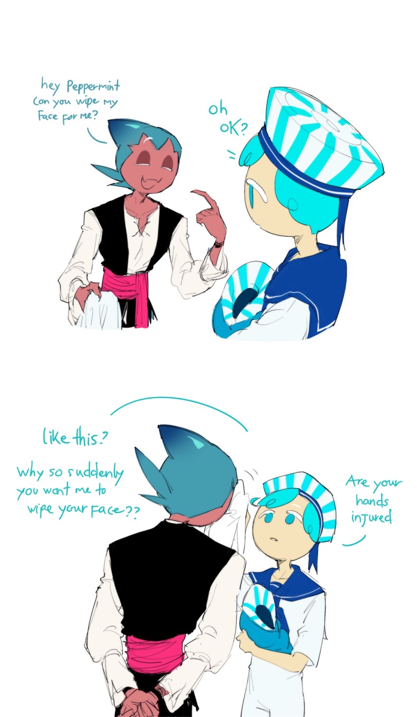 2boys aqua_eyes aqua_hair arm_up arms_behind_back bandana bandana_around_waist black_pants black_vest blue_eyes blue_hair blue_hat blue_sailor_collar closed_eyes colored_skin comic commentary conch_shell cookie_run english_commentary fangs fin fingernails gradient_hair hat highres holding holding_cloth holding_seashell holding_shell humanization lace-up_top long_sleeves looking_at_another male_focus multicolored_hair multiple_boys multiple_views notice_lines pale_skin pants parted_lips peppermint_cookie personification pink_bandana pink_sash pink_skin pointing pointing_at_self raised_eyebrow ribbon_hat ribbon_trim sailor_collar sailor_hat sailor_uniform sash seashell shark_boy shark_fin sharp_fingernails shell shirt short_hair short_sleeves skin_fangs smile sorbet_shark_cookie striped_clothes striped_ha talking talking two-tone_hair two-tone_hat upper_body vest white_background white_hat white_shirt white_stripe wiping_face yaoi