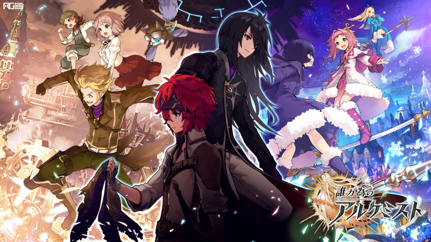 1other 4boys 4girls alma_(ta_ga_tame_no_alchemist) bandana black_hair blonde_hair blouse blue_eyes closed_mouth copyright_name dias_(ta_ga_tame_no_alchemist) edgar_(ta_ga_tame_no_alchemist) eye_contact goggles goggles_on_head green_pants highres lisbeth_finn_lustburg logi_crowley long_hair looking_at_another multiple_boys multiple_girls official_art open_mouth overalls pants pink_hair rebecca_(ta_ga_tame_no_alchemist) red_hair second-party_source shirt short_hair smile staff_riding ta_ga_tame_no_alchemist white_shirt