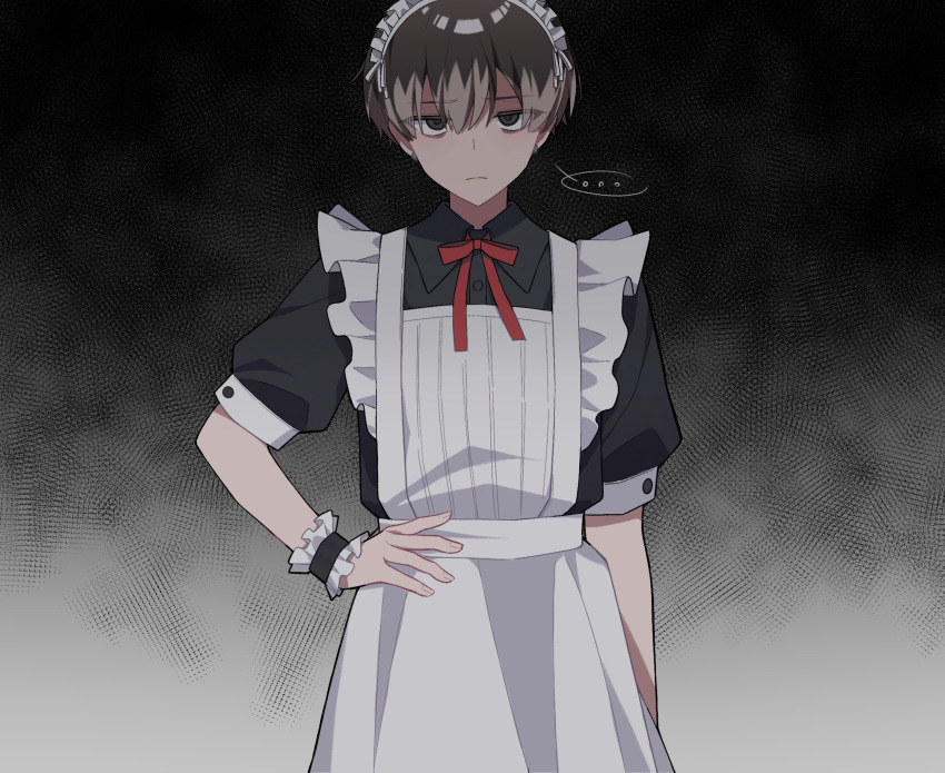 ... 1boy apron bags_under_eyes cowboy_shot crossdressing crossdressing_(mtf) frown furrowed_brow hand_on_own_hip highres kayano_mikoto looking_at_viewer maid maid_apron maid_headdress male_focus male_maid milgram neck_ribbon red_ribbon ribbon solo spoken_ellipsis yingwux1