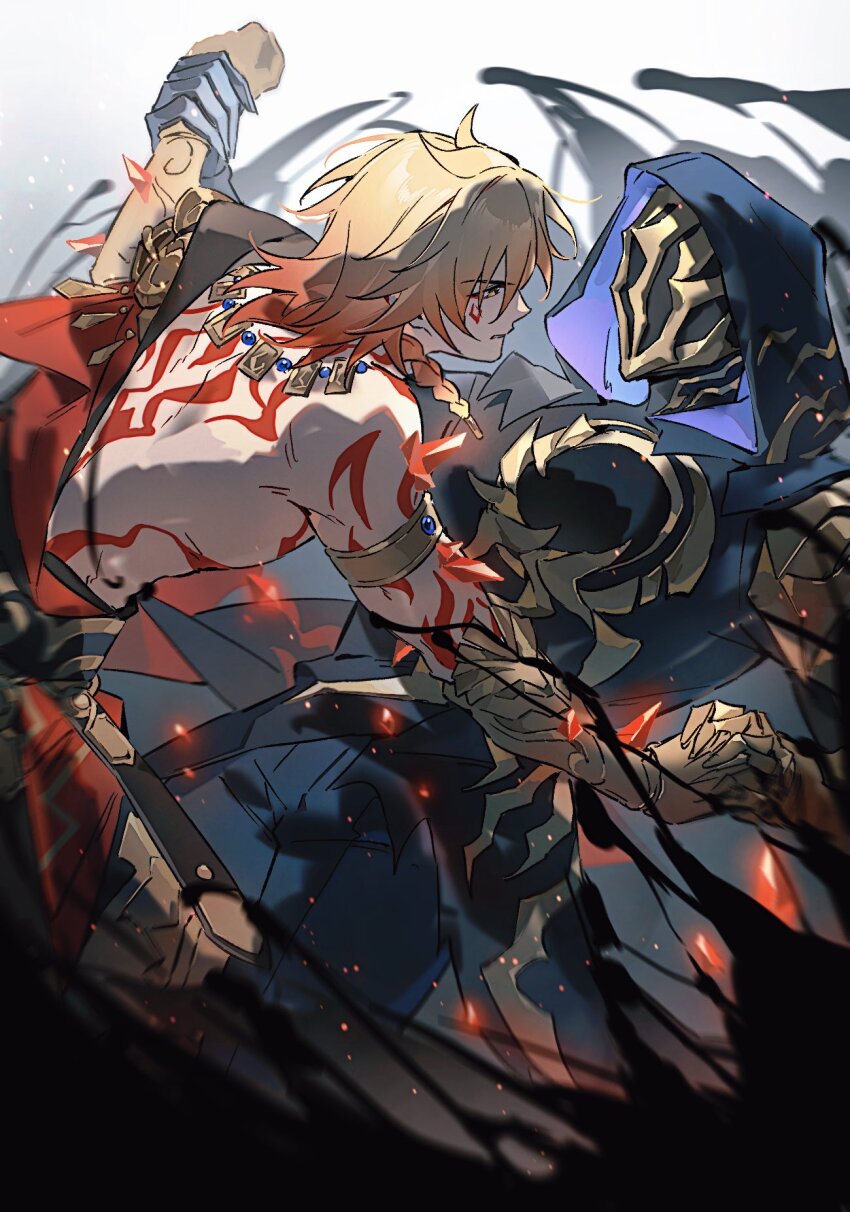 2boys arm_tattoo armlet armor armored_boots armored_gloves back_tattoo black_cloak black_coat black_pants blonde_hair boots braid cape clenched_teeth cloak coat facial_tattoo flame_reaver_(honkai:_star_rail) gold_armlet gold_necklace gold_trim gradient_hair hair_between_eyes hand_grab hands_on_another&#039;s_hand highres honkai:_star_rail honkai_(series) hood hood_up hooded_cloak jewelry male_focus medium_hair multicolored_hair multiple_boys mydei_(honkai:_star_rail) necklace open_clothes open_coat osamu18568716 pants pauldrons red_cape red_hair red_tattoo shoulder_armor side_braid single_pauldron spoilers struggling tattoo teeth toned toned_male white_background yellow_eyes
