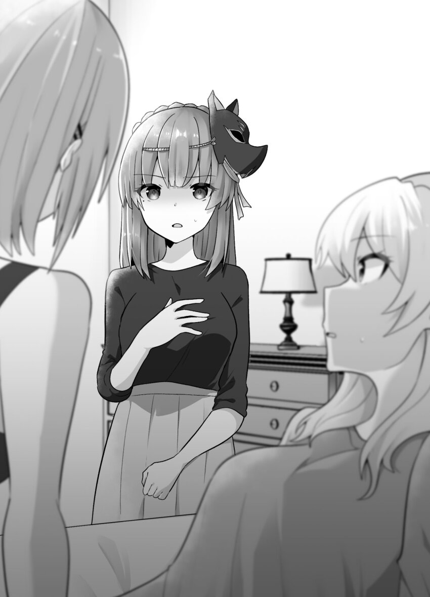 braid crown_braid fox_mask heaven_burns_red highres indoors kayamori_ruka kiryuu_miya long_hair love_triangle mask mask_on_head monochrome multiple_girls puyopiku second-party_source shirakawa_yuina short_hair sidelocks yuri