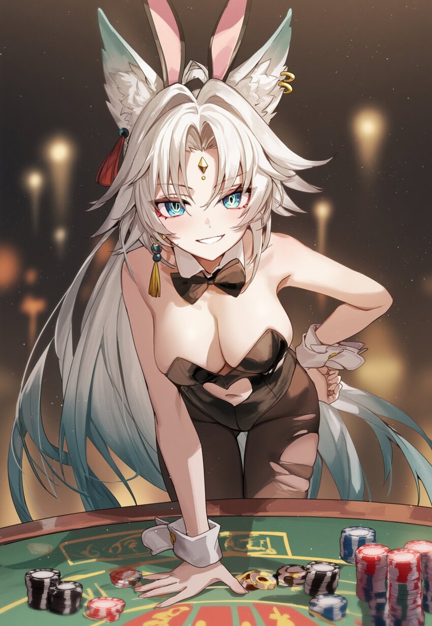 alternate_costume animal_ear_fluff animal_ear_piercing animal_ears casino eyeliner feixiao_(honkai:_star_rail) forehead_jewel fox_ears fox_girl high_ponytail highres honkai:_star_rail honkai_(series) leotard makeup multicolored_hair navel parted_bangs playboy_bunny ponytail red_eyeliner two-tone_hair white_hair