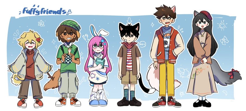 alternate_universe animal_ears aubrey_(faraway)_(omori) aubrey_(omori) ball bandaid bandaid_on_cheek bandaid_on_face bandana bandana_around_neck basil_(faraway)_(omori) basil_(omori) beanie beret bespectacled black_hair blonde_hair book bow brown_dress brown_hair brown_jacket brown_pants cargo_pants cat_boy cat_ears cat_tail closed_eyes commentary dark-skinned_male dark_skin dog_boy dog_ears dog_tail dress expressionless glasses green_hat grin hair_ornament hand_in_pocket hat hero_(headspace)_(omori) hero_(omori) highres holding holding_ball holding_book jacket jewelry kel_(faraway)_(omori) kel_(omori) kemonomimi_mode letterman_jacket long_dress mari_(faraway)_(omori) mari_(omori) necklace ni12345670 omori open_mouth pants pink_hair rabbit_ears rabbit_girl rabbit_tail red_bandana red_hat red_sweater ribbed_socks shirt shoes smile sneakers socks star_(symbol) star_hair_ornament striped_clothes striped_shirt sunny_(omori) sweater tail tail_bow tail_ornament tilted_headwear turtleneck turtleneck_sweater white_sweater wolf_boy wolf_ears wolf_girl wolf_tail