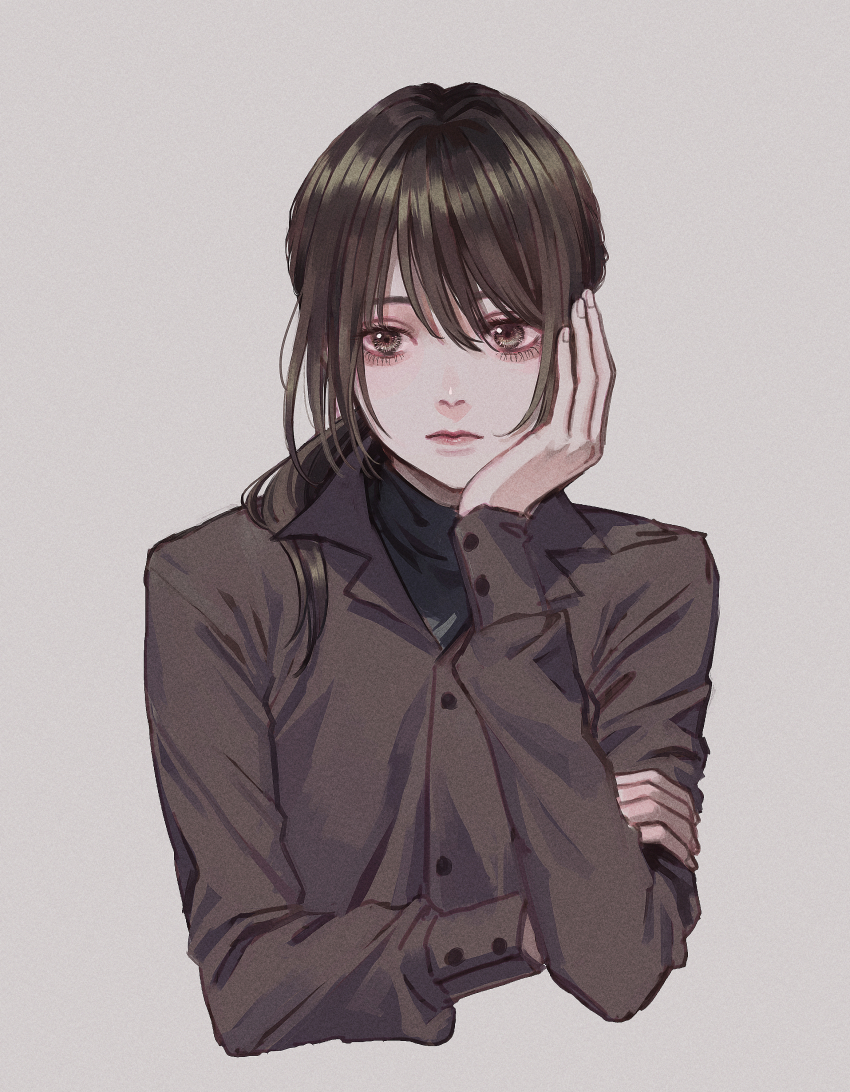 1girl absurdres black_jacket black_shirt brown_eyes closed_mouth commission cropped_torso eyelashes fingernails holding_own_arm grey_background hand_on_own_face highres jacket kurosujuu long_hair long_sleeves original ponytail shirt simple_background skeb_commission solo
