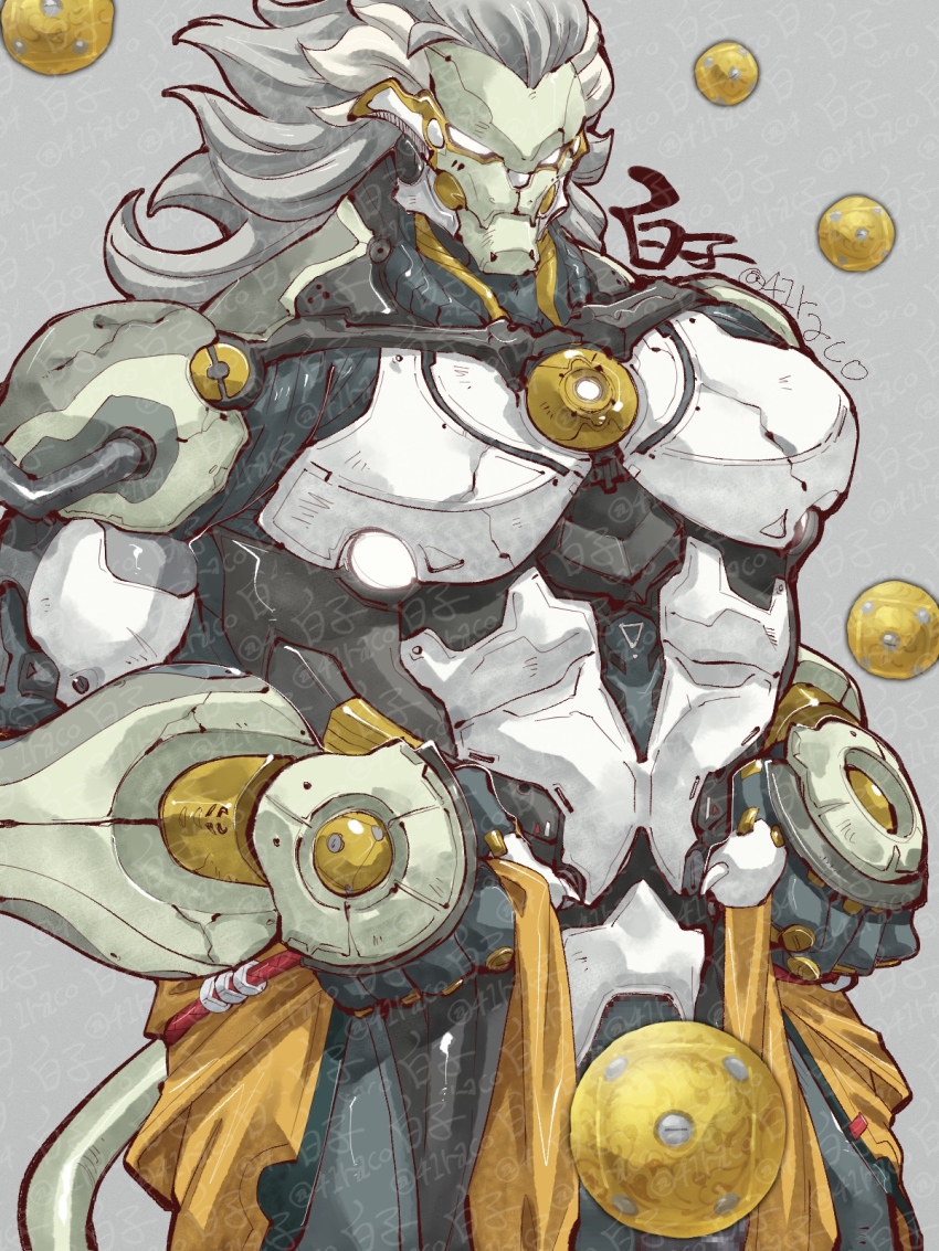 1boy adversarial_noise artist_name banyue_(zenless_zone_zero) claws commentary_request convenient_censoring facing_viewer floating_ball grey_background grey_hair highres holding_unworn_jacket male_focus robot_boy shirako_(kirupi) tail twitter_username zenless_zone_zero