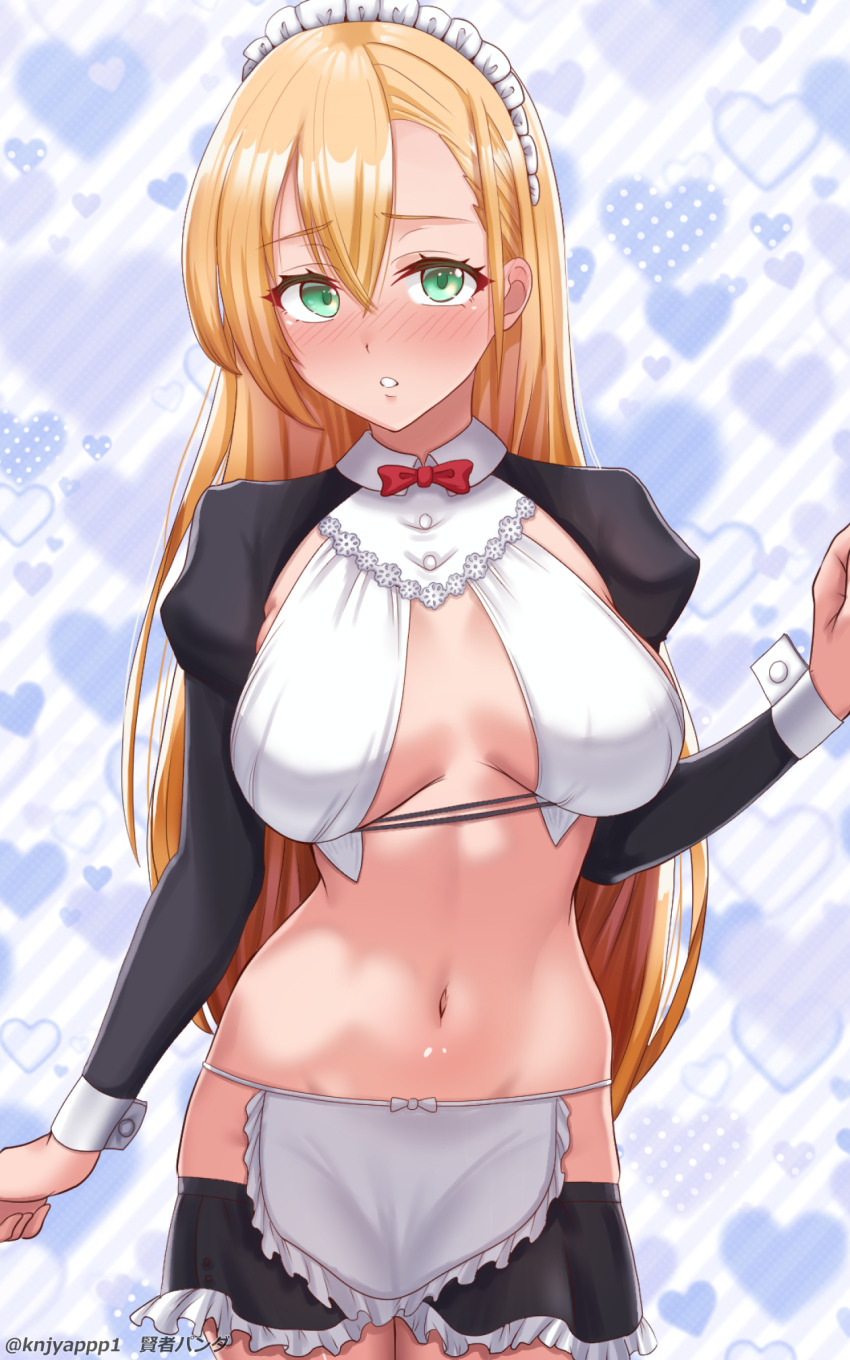 1girl apron arafoo_otoko_no_isekai_tsuuhan_seikatsu blonde_hair blush bow bowtie breasts collar full-face_blush green_eyes groin hair_between_eyes heart heart_background highres kenja_panda looking_at_viewer maid maid_headdress medium_breasts navel open_mouth primula_mallow red_bow red_bowtie shrug_(clothing) solo stomach unconventional_maid waist_apron white_collar white_headdress